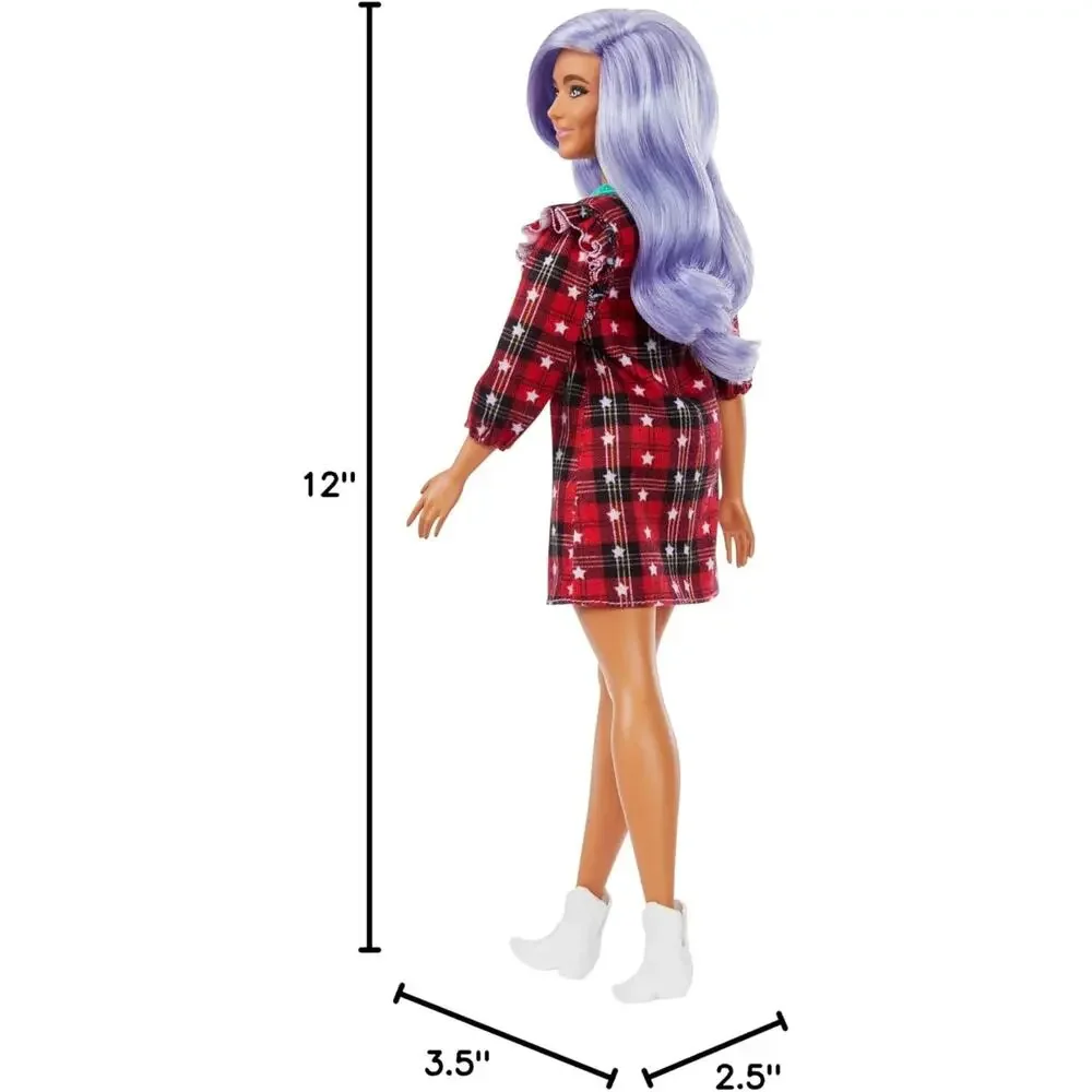Barbie Fashionistas Doll #157 Curvy with Lavender Hair Red Plaid Dress NIB